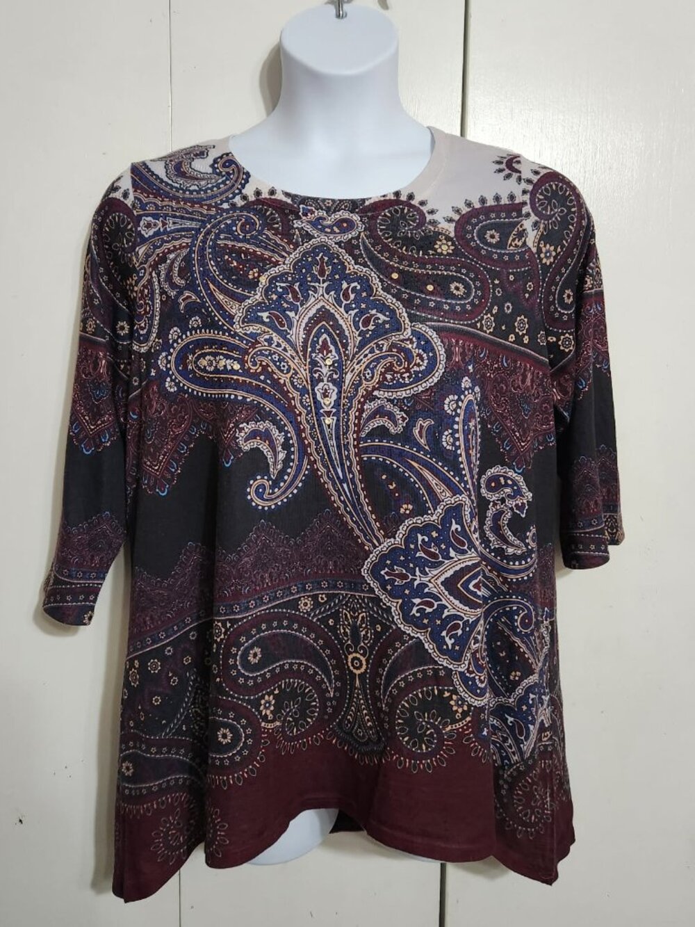 French Blue 1X Paisley Boho Rhinestone Tunic Top 3/4 Sleeve Knit Embellished